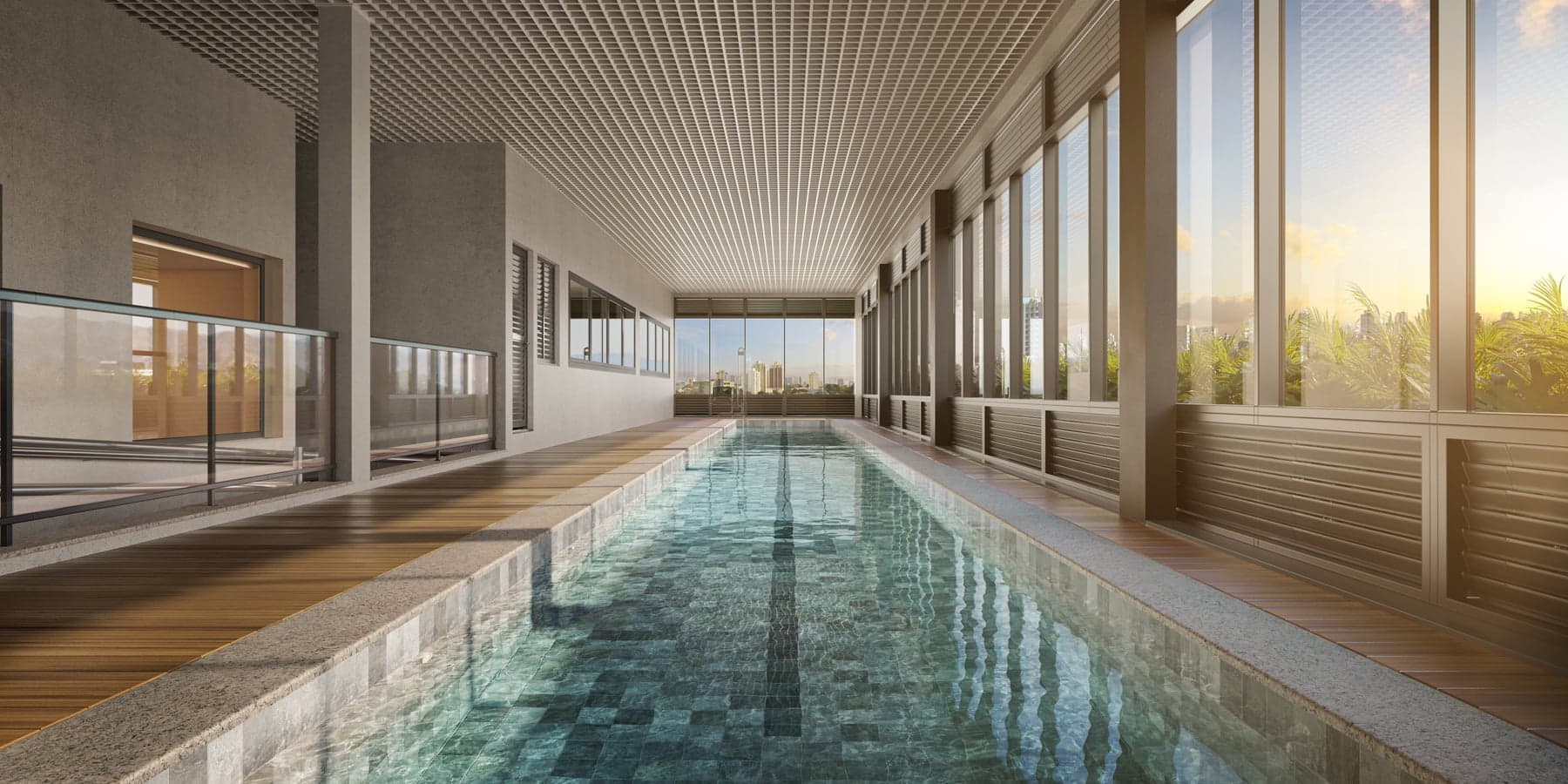 Perspectiva artística da piscina coberta com raia de 25m