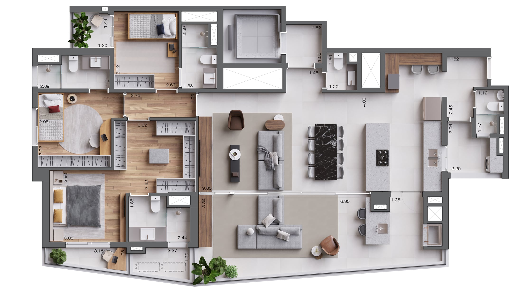 Planta ilustrativa — 168m² — 4 Dorms.