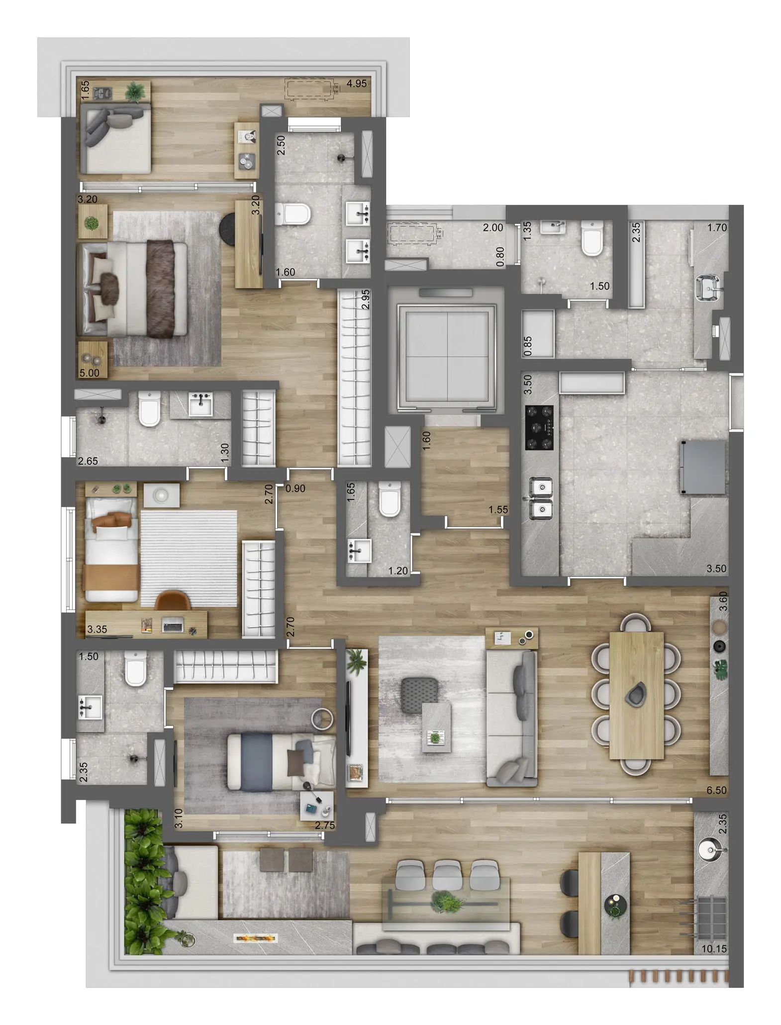 Planta padrão — 154 m² · 3 suítes · 2 vagas