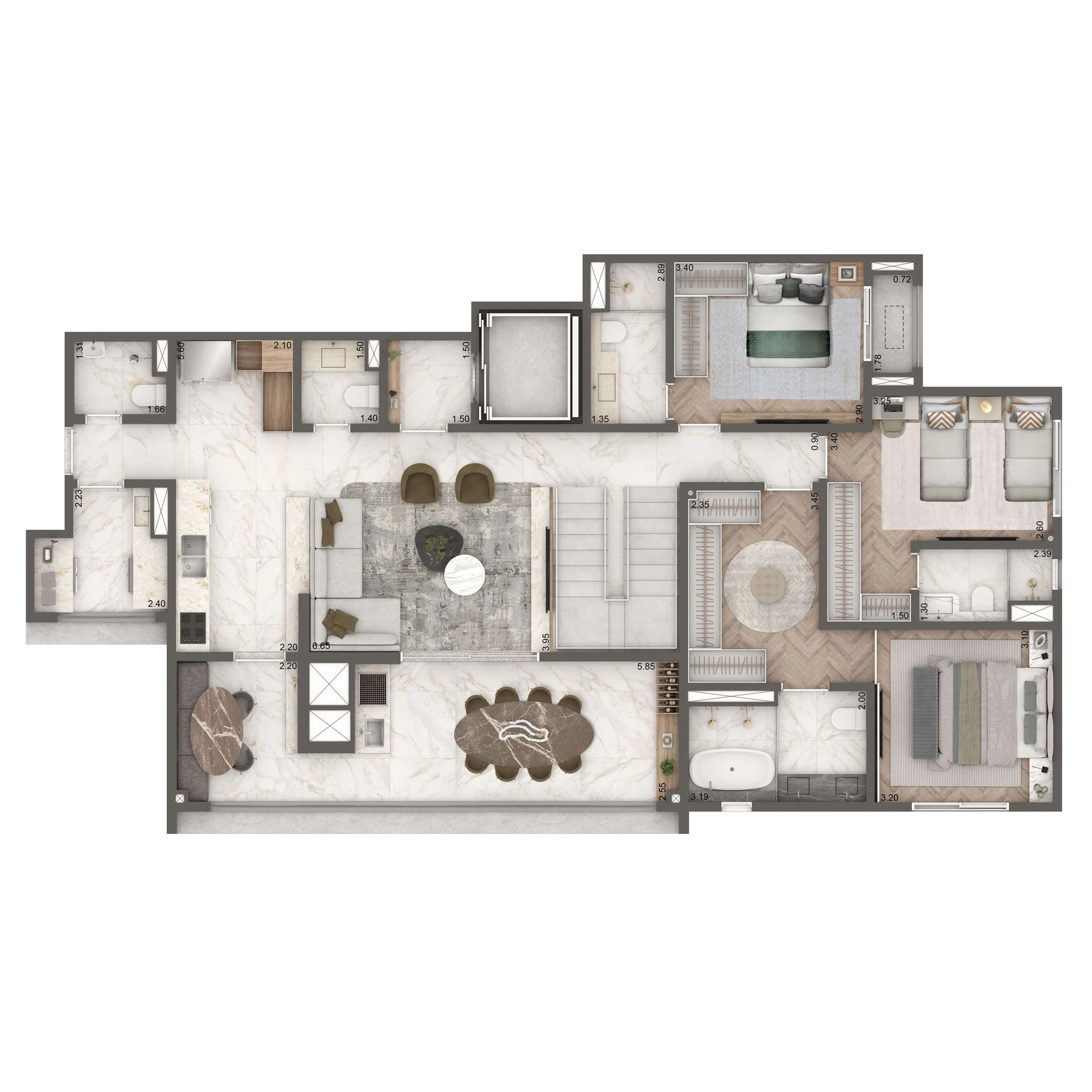 Planta Duplex Inferior 265m² | 3 suítes | Cozinha Integrada e WC de Serviço