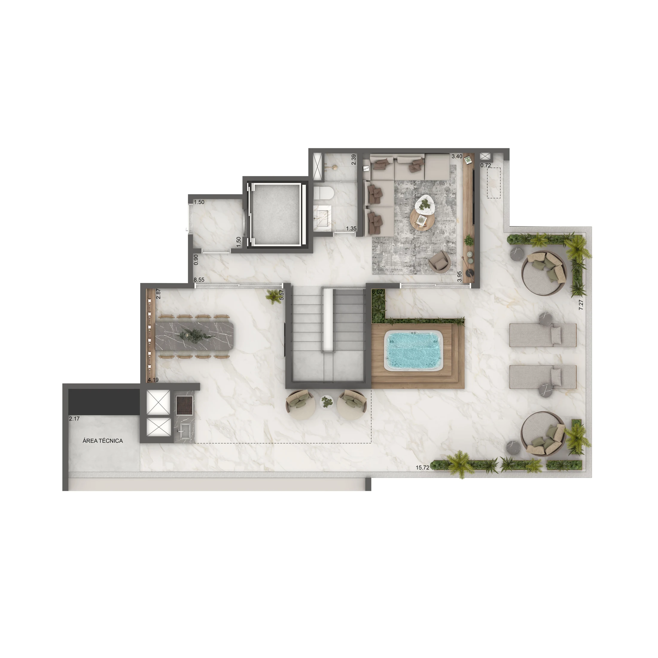 Planta Duplex Superior 265m² | 3 suítes | Cozinha Integrada | WC de Serviço
