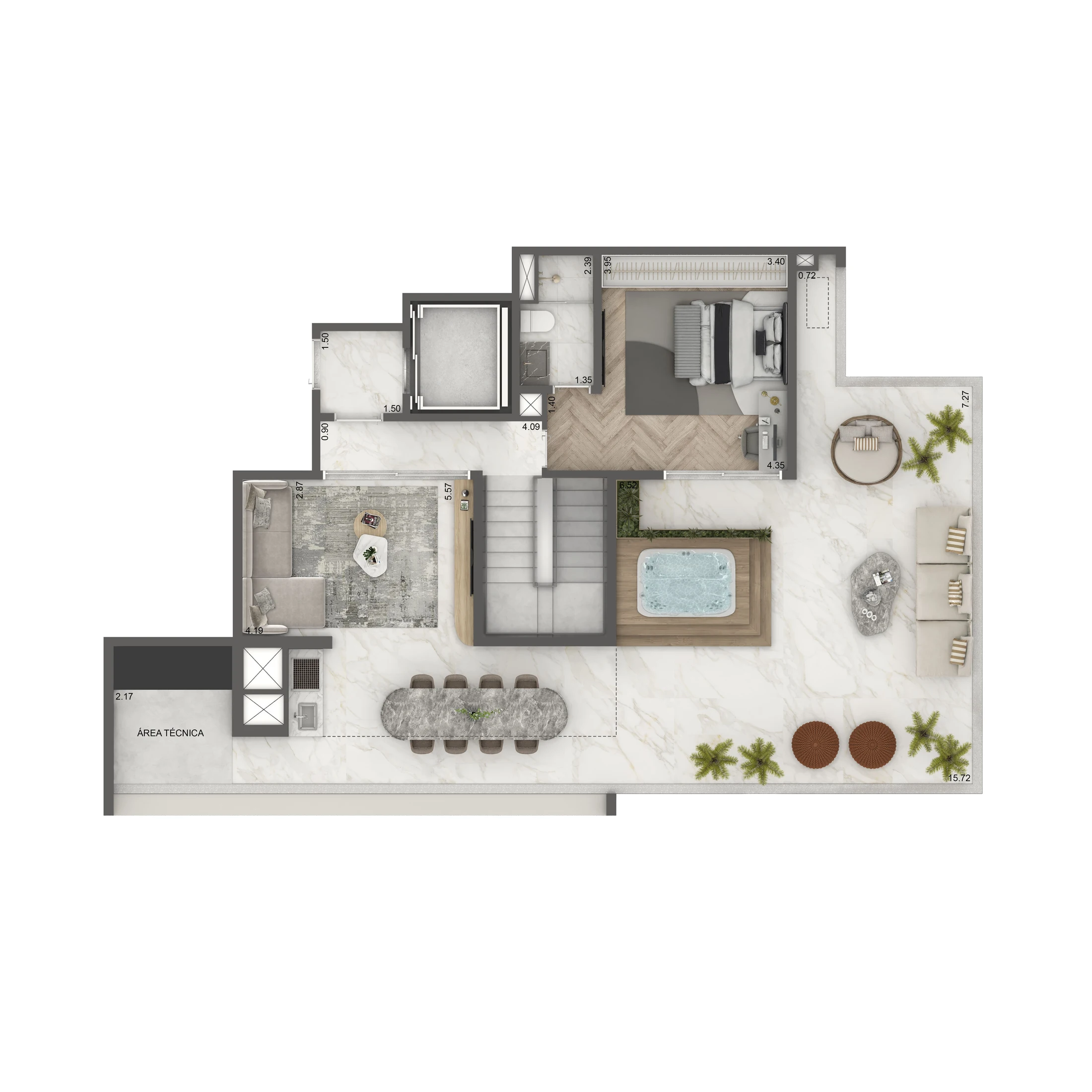 Planta Duplex Superior 265m² | 4 suítes | Cozinha Fechada e Despensa