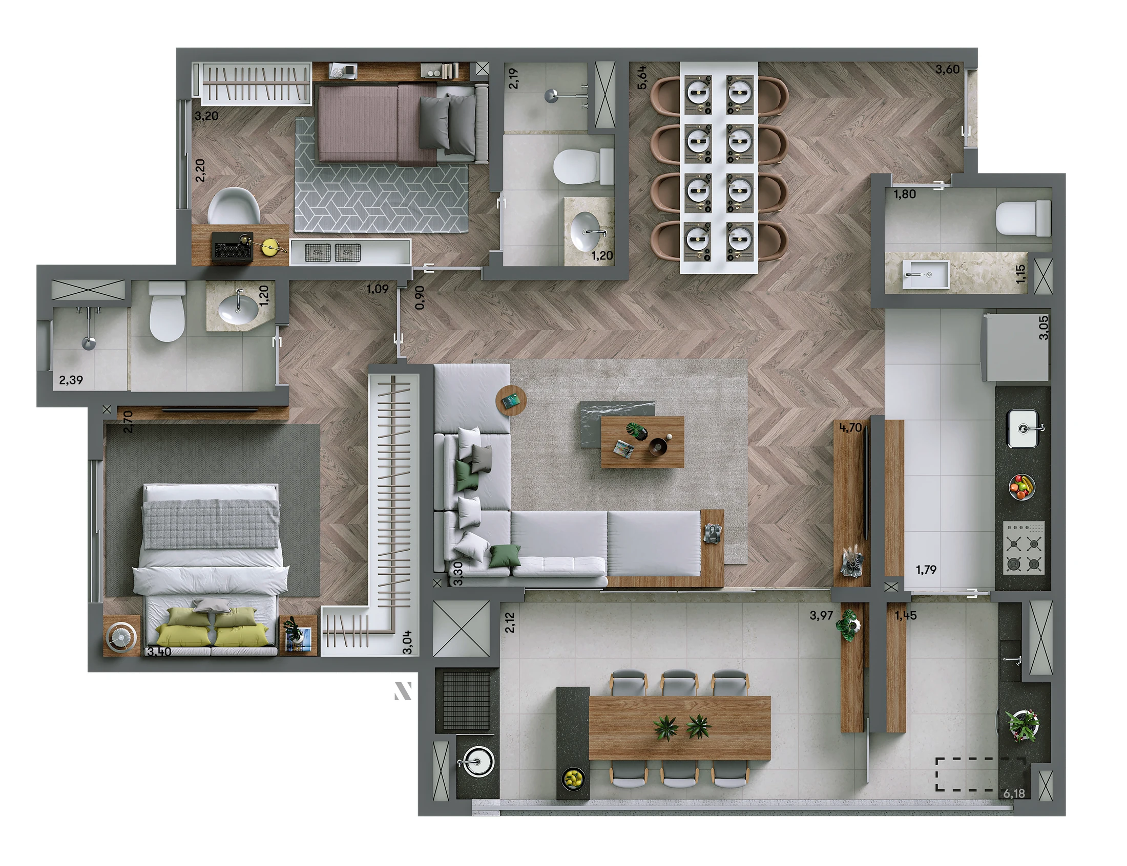 Planta Padrão Ampliado 76m² | 2 suítes