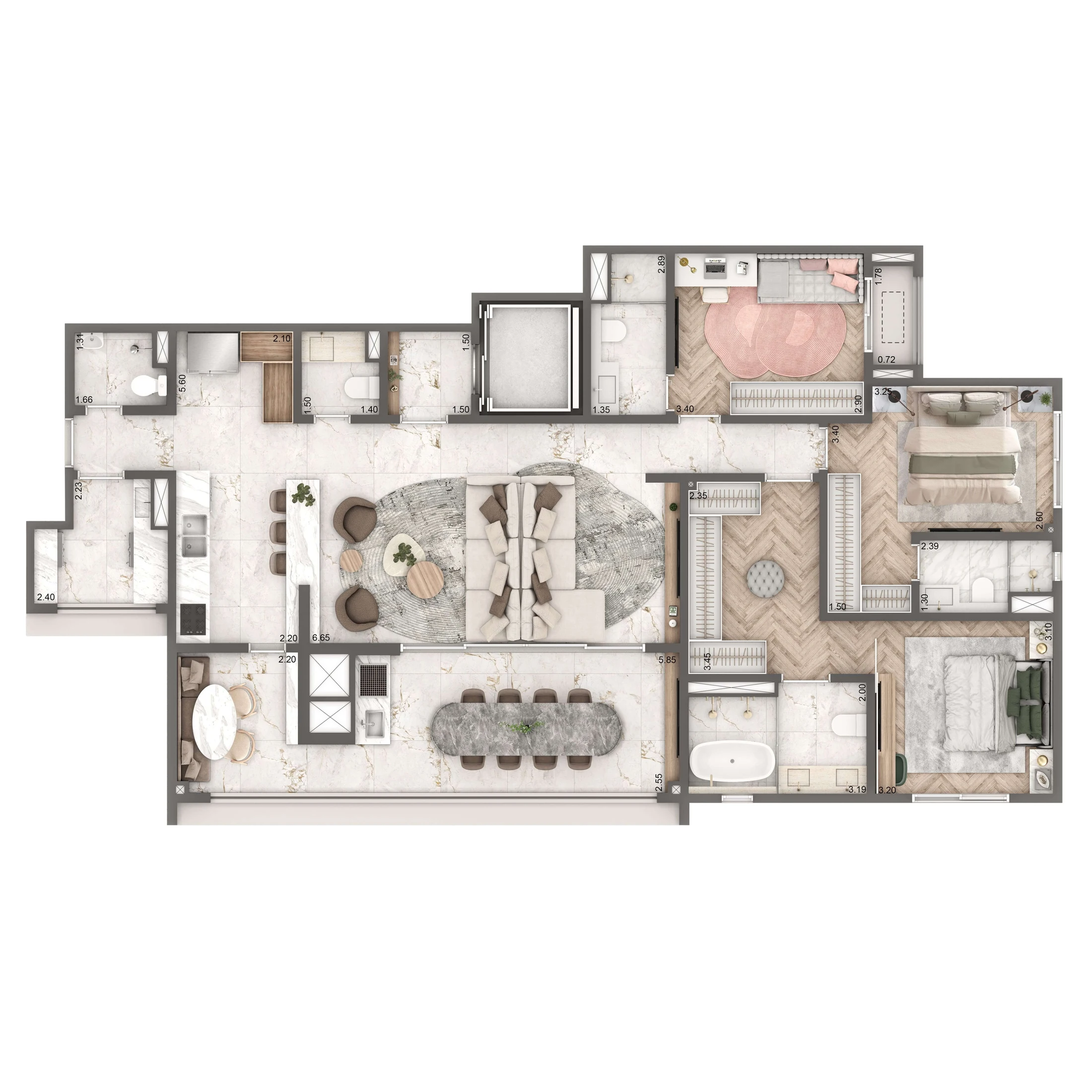 Planta Padrão 149m² | 3 suítes | Cozinha Integrada e WC de Serviço