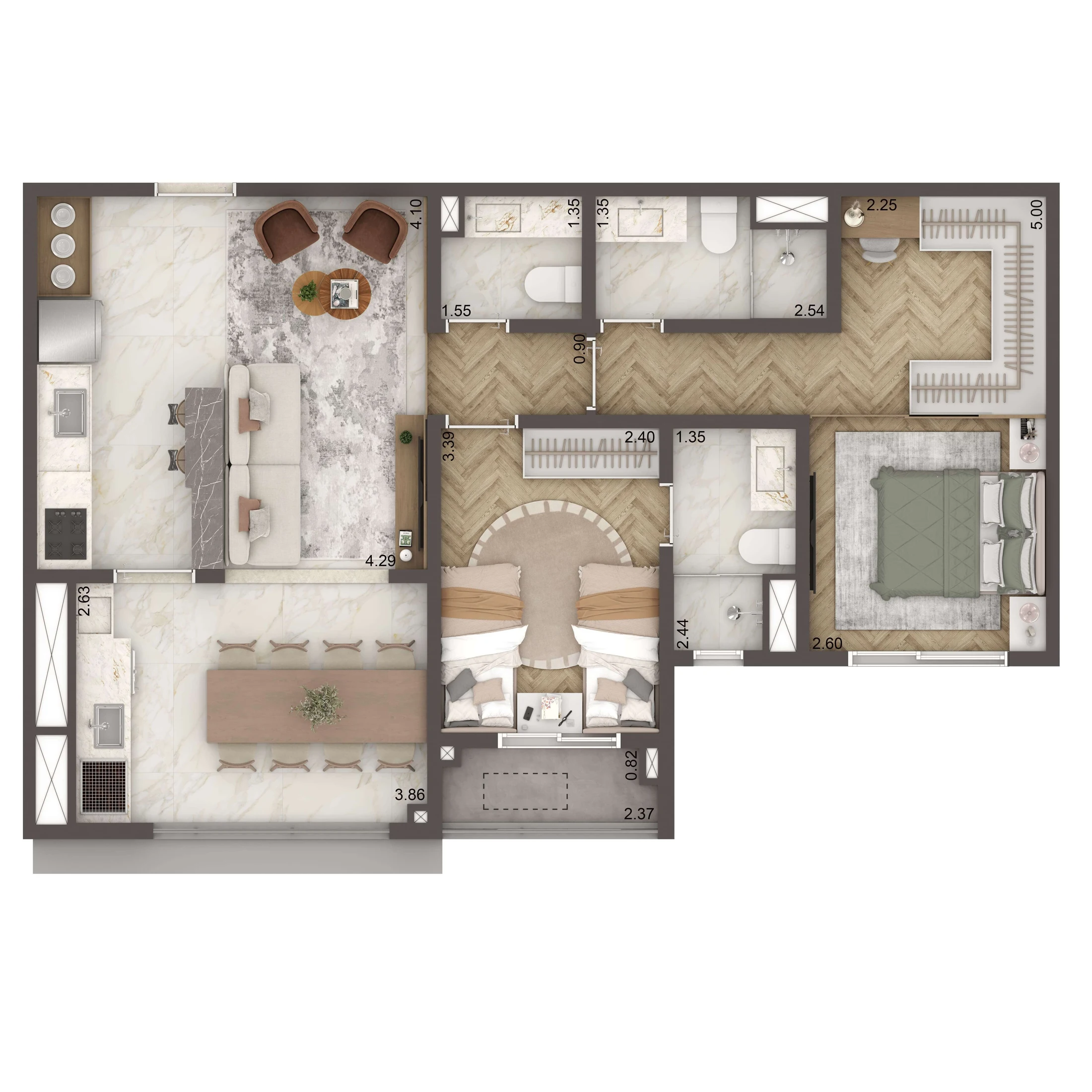 Planta Opção 71m² | 2 suítes