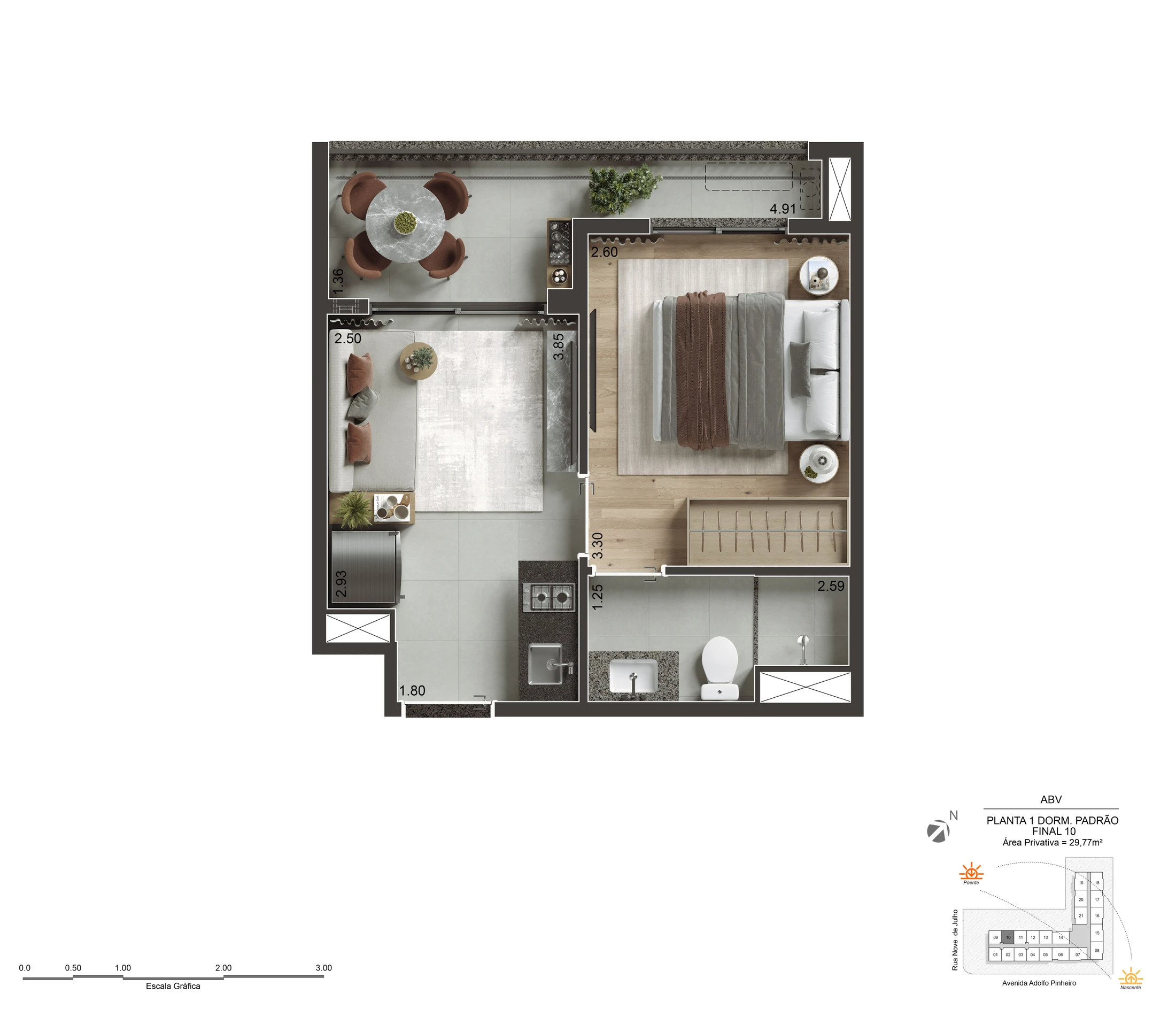 Planta do Apartamento de 1 Dormitório com 29m²