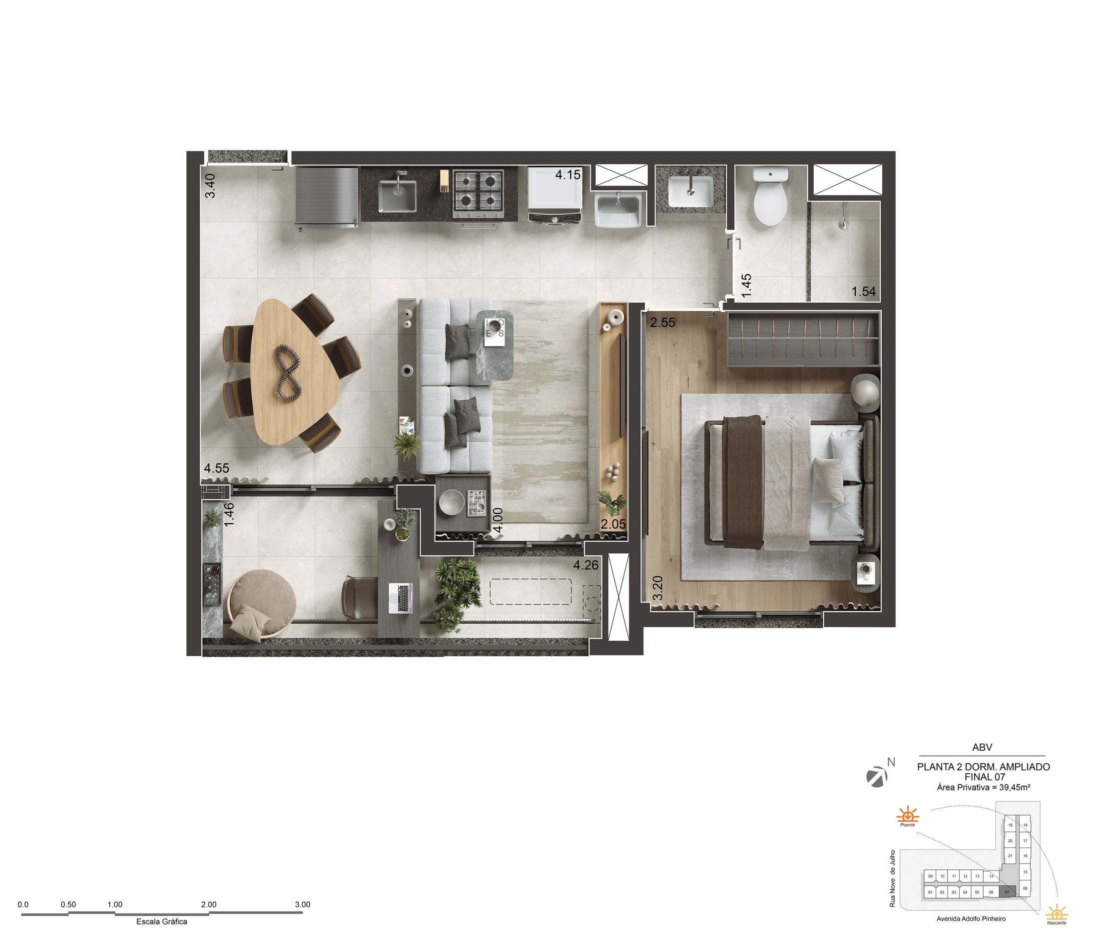 Planta do Apartamento de 2 Dormitórios com Living Ampliado com 40m²